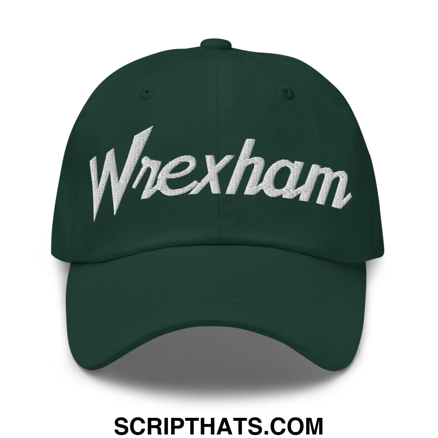 Dark green cotton wrexham vintage sports script dad hat with white embroidered branding on the front