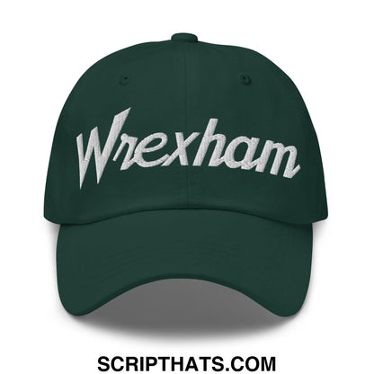 Dark green cotton wrexham vintage sports script dad hat with white embroidered branding on the front