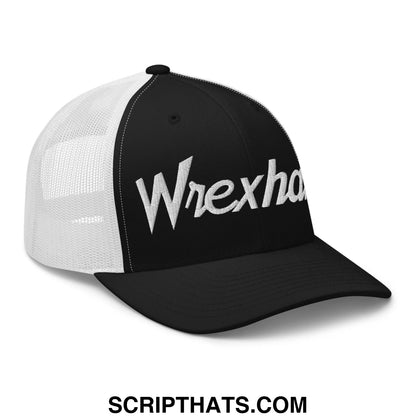 Black and white trucker hat with embroidered wrexha logo in stylized script for vintage sports retro style