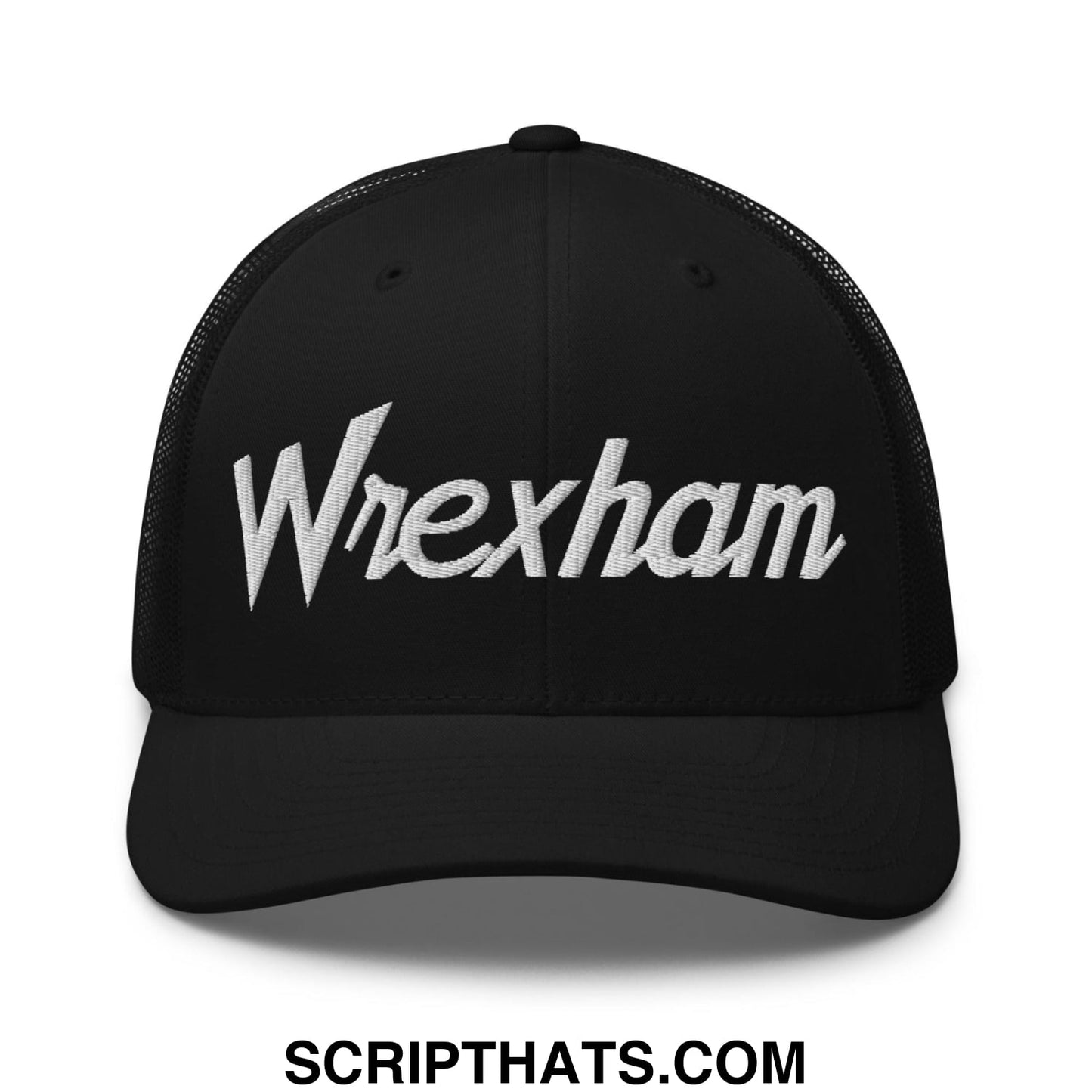 Black vintage sports retro trucker hat with white embroidered wrexham script on the front panel