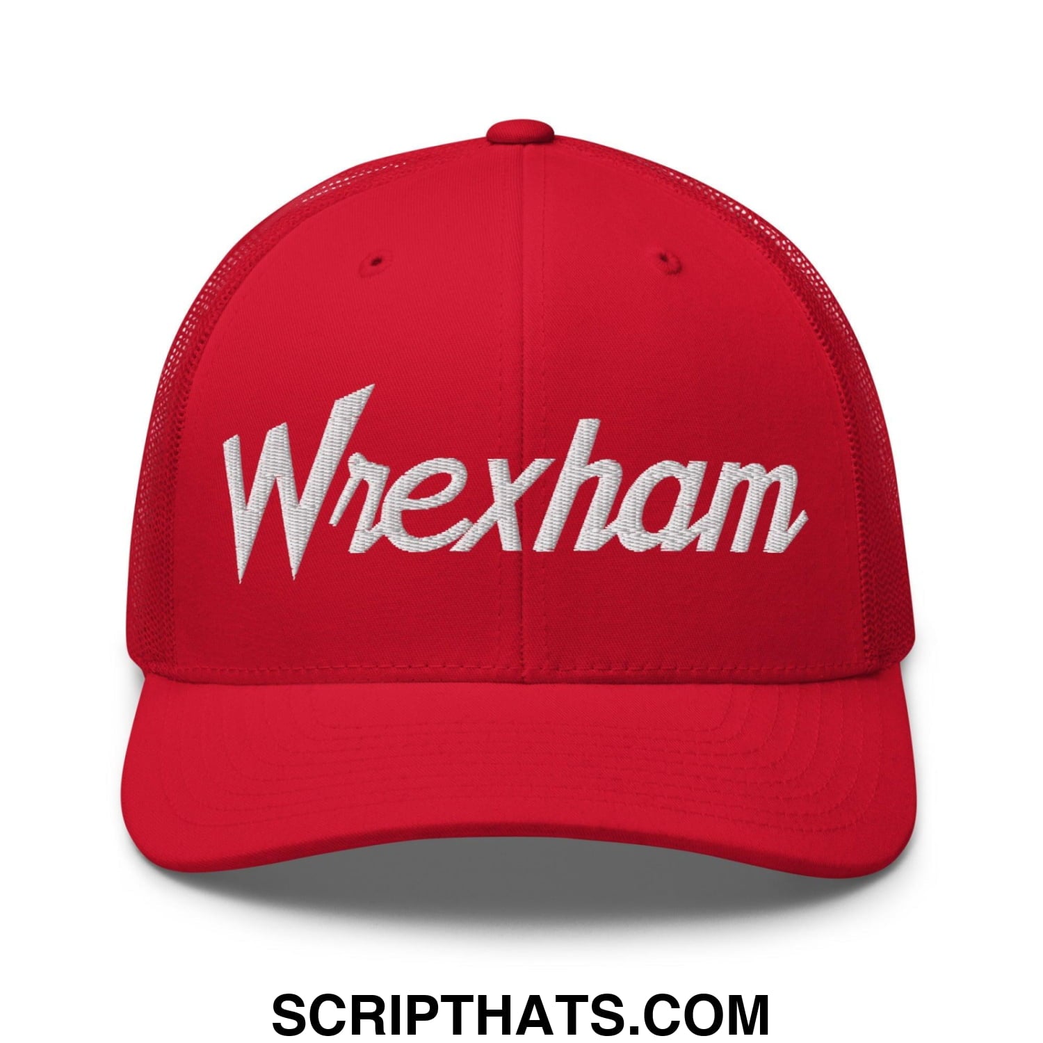 Red vintage sports script retro trucker hat with white embroidered wrexham logo on the front panel
