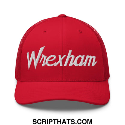 Red vintage sports script retro trucker hat with white embroidered wrexham logo on the front panel