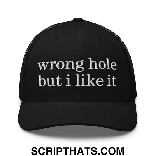 Wrong Hole But I Like It Embroidered Mesh Trucker Hat Black