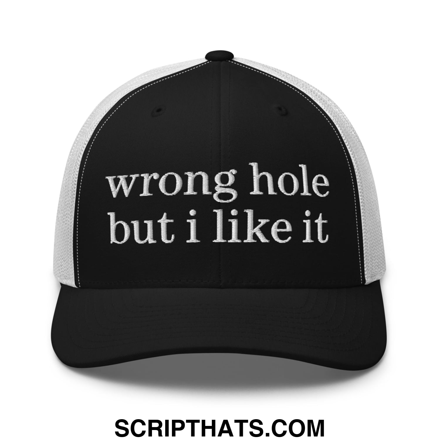 Black and white mesh trucker hat with embroidered text wrong hole but i like it on front panel