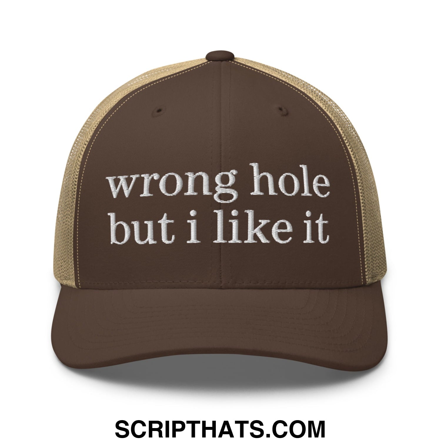 Brown and tan mesh trucker hat embroidered with white text wrong hole but i like it for casual wear