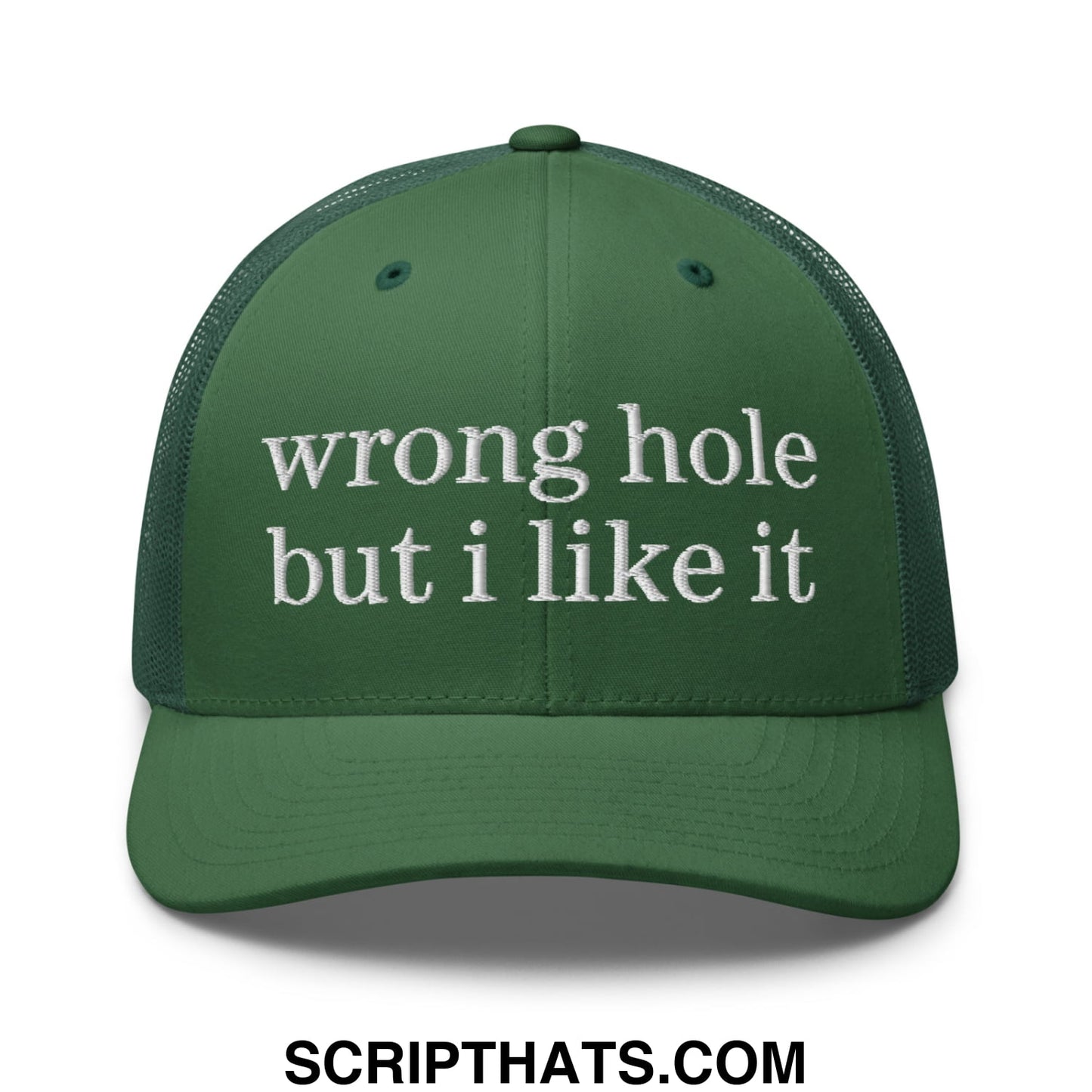 Dark green mesh trucker hat with white embroidered text reading wrong hole but i like it for casual wear