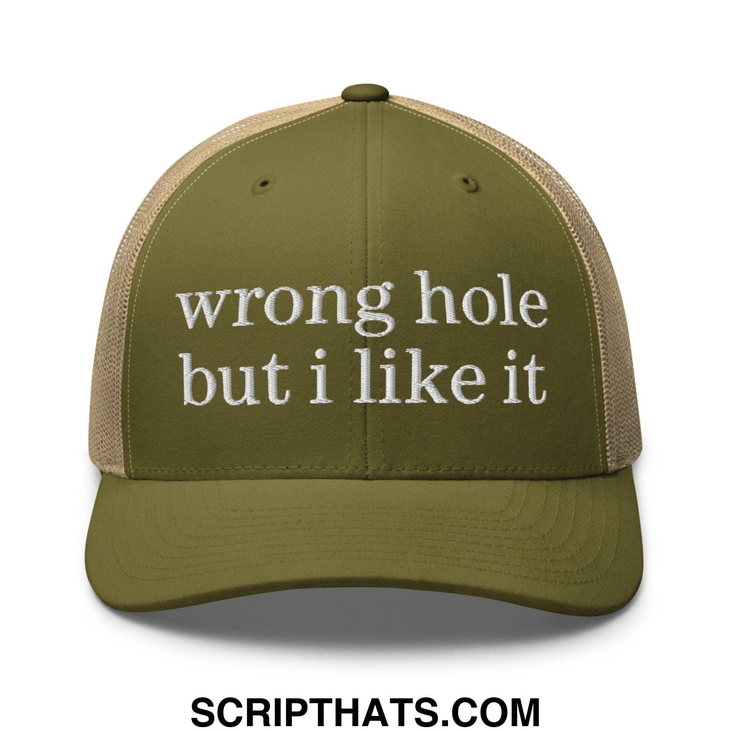 Olive green and tan mesh trucker hat with white embroidered text wrong hole but i like it for casual wear