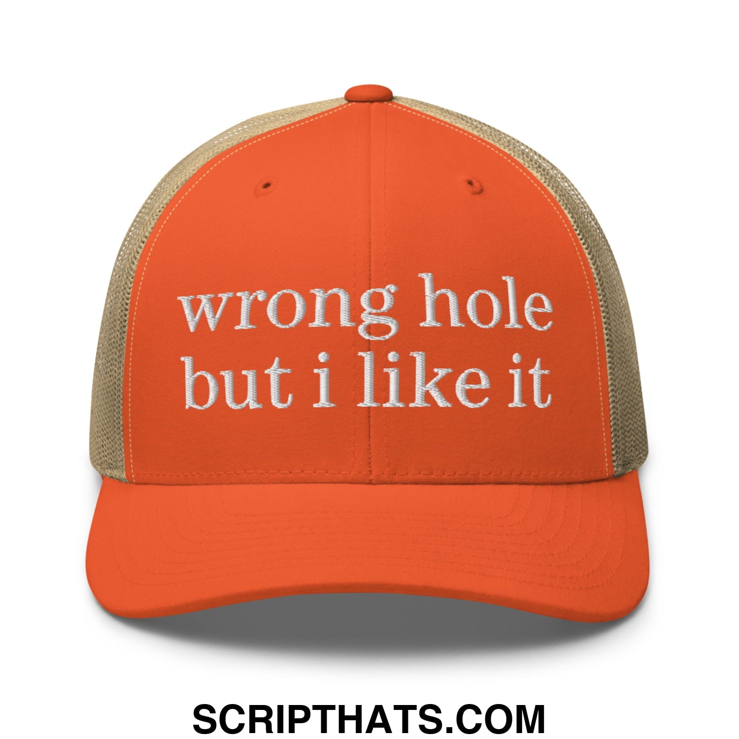 Orange and beige mesh trucker hat with white embroidered text wrong hole but i like it front view