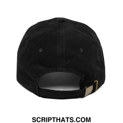 Black corduroy unstructured dad hat with wrong hole but i like it embroidery and gold-tone adjustable strap backside view