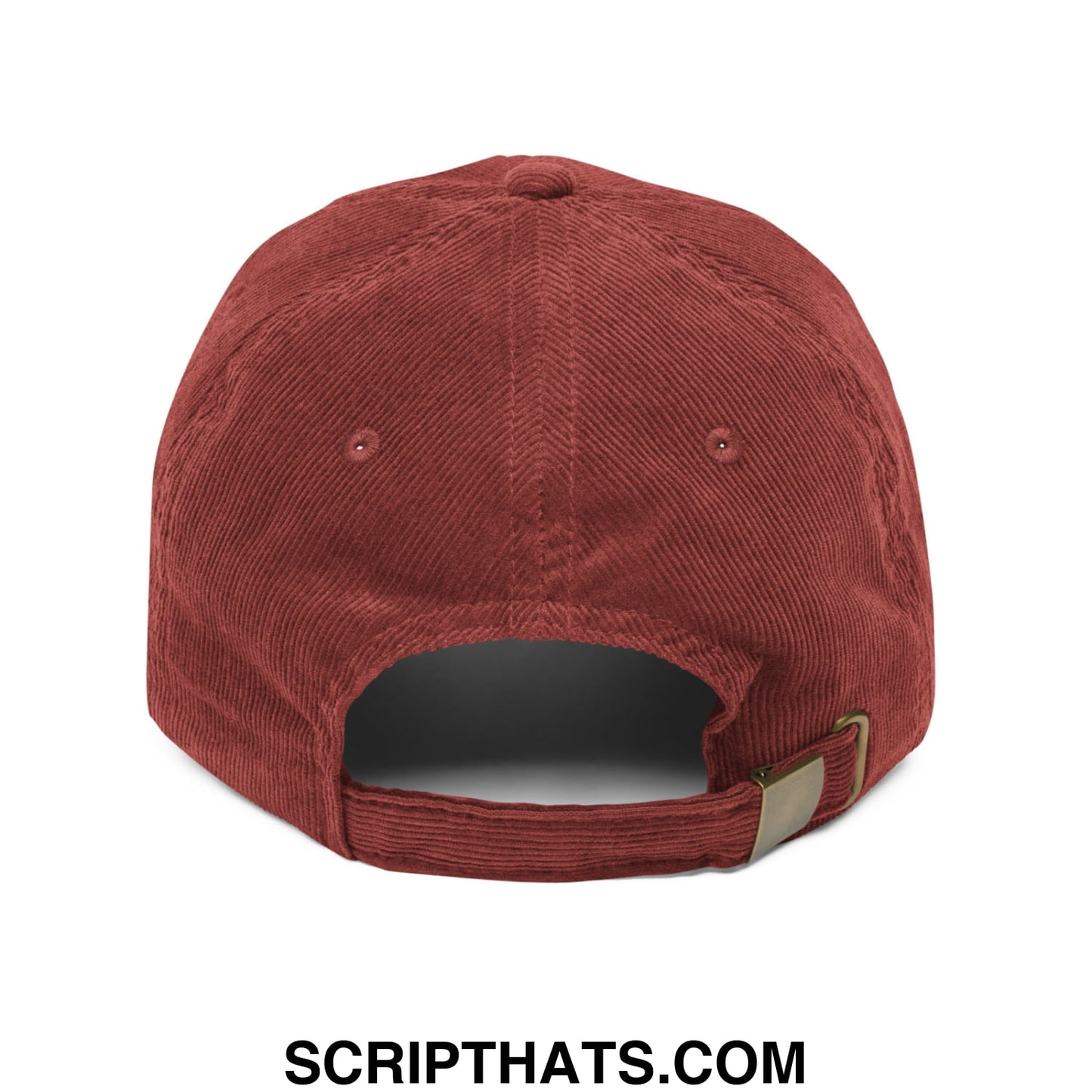 A rust-colored unstructured corduroy dad hat with wrong hole but i like it embroidery and adjustable fabric strap clasp