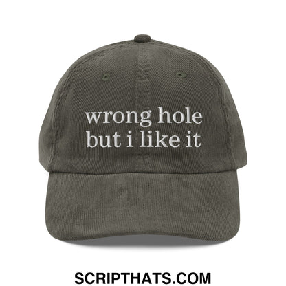 Olive green embroidered unstructured corduroy dad hat with wrong hole but i like it text in white