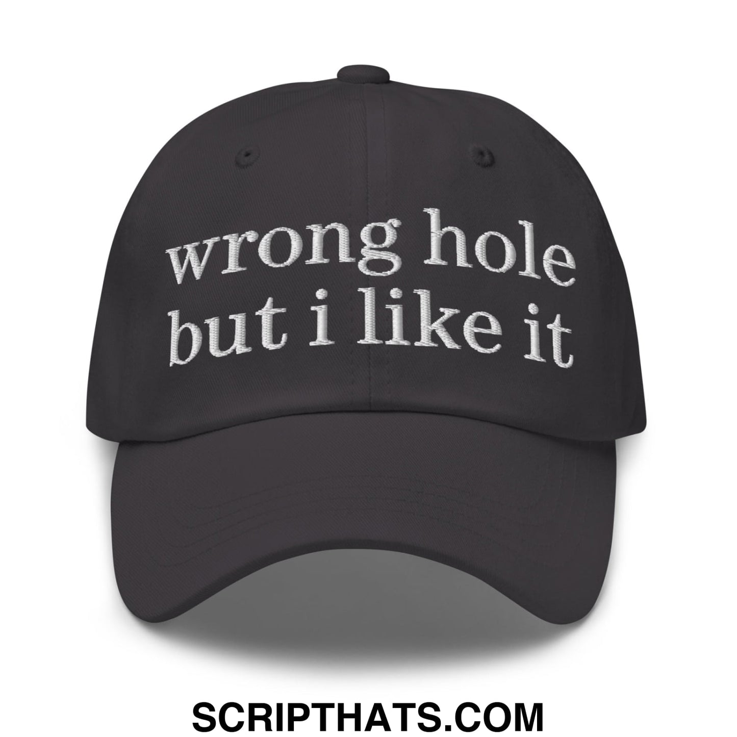 Black unstructured dad hat with white embroidered text wrong hole but i like it for casual wear