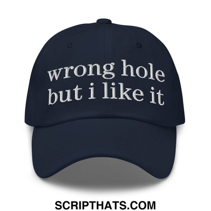 Navy blue unstructured dad hat with white embroidered text wrong hole but i like it perfect for casual wear