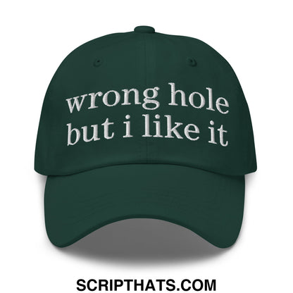 Dark green unstructured dad hat with white embroidered text reading wrong hole but i like it worn as a baseball cap
