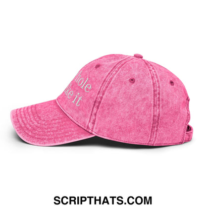 Faded pink unstructured denim dad hat embroidered with whole like it in white script on the front