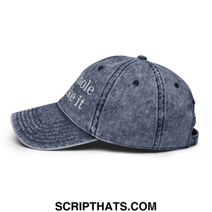 Faded blue denim dad hat with white embroidered whole like it text unstructured wrong hole but i like it style