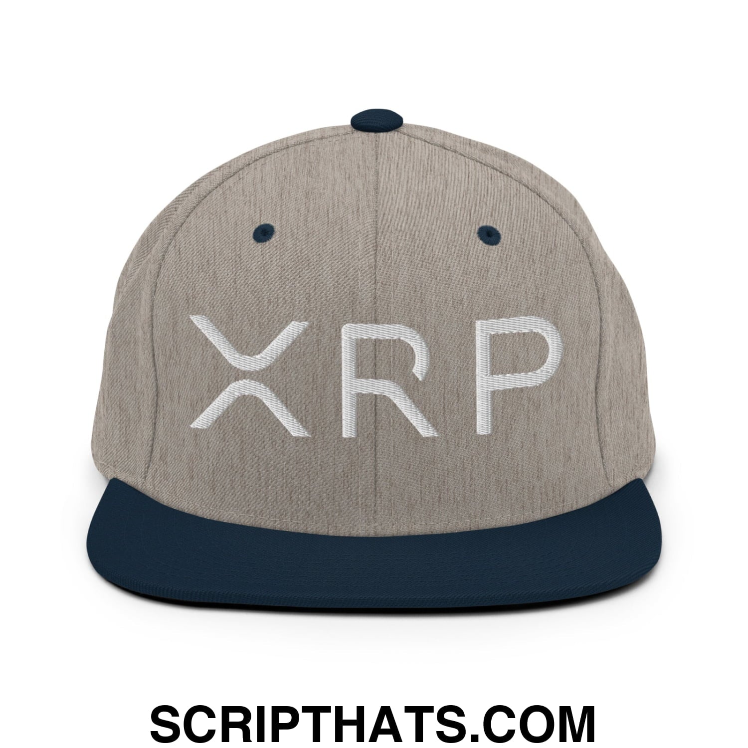 XRP Ripple Crypto Currency Embroidered Flat Brim Bill Snapback Hat Heather Grey Navy