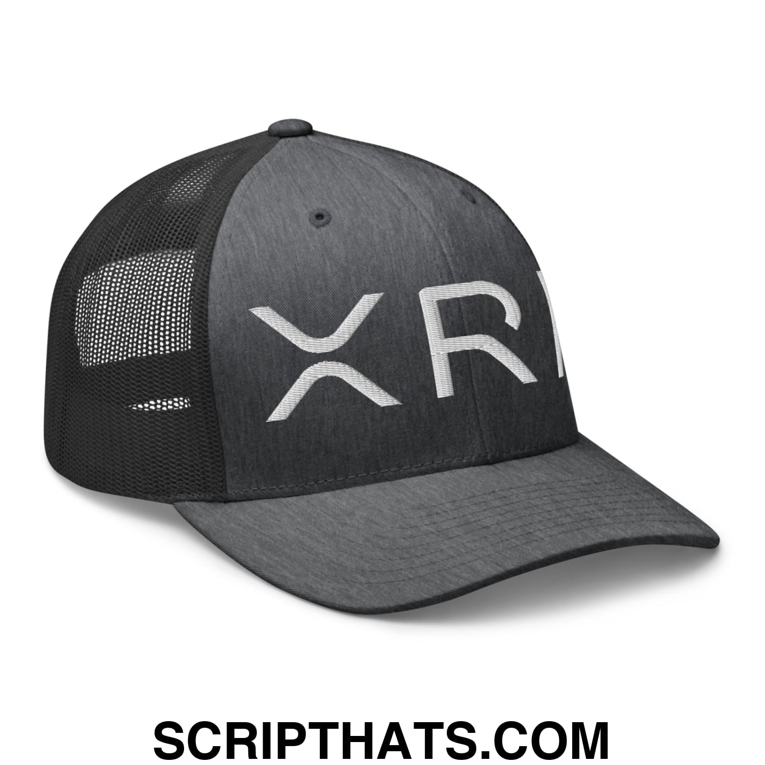 XRP Ripple Crypto Currency Embroidered Mesh Trucker Hat Dark Heather Gray