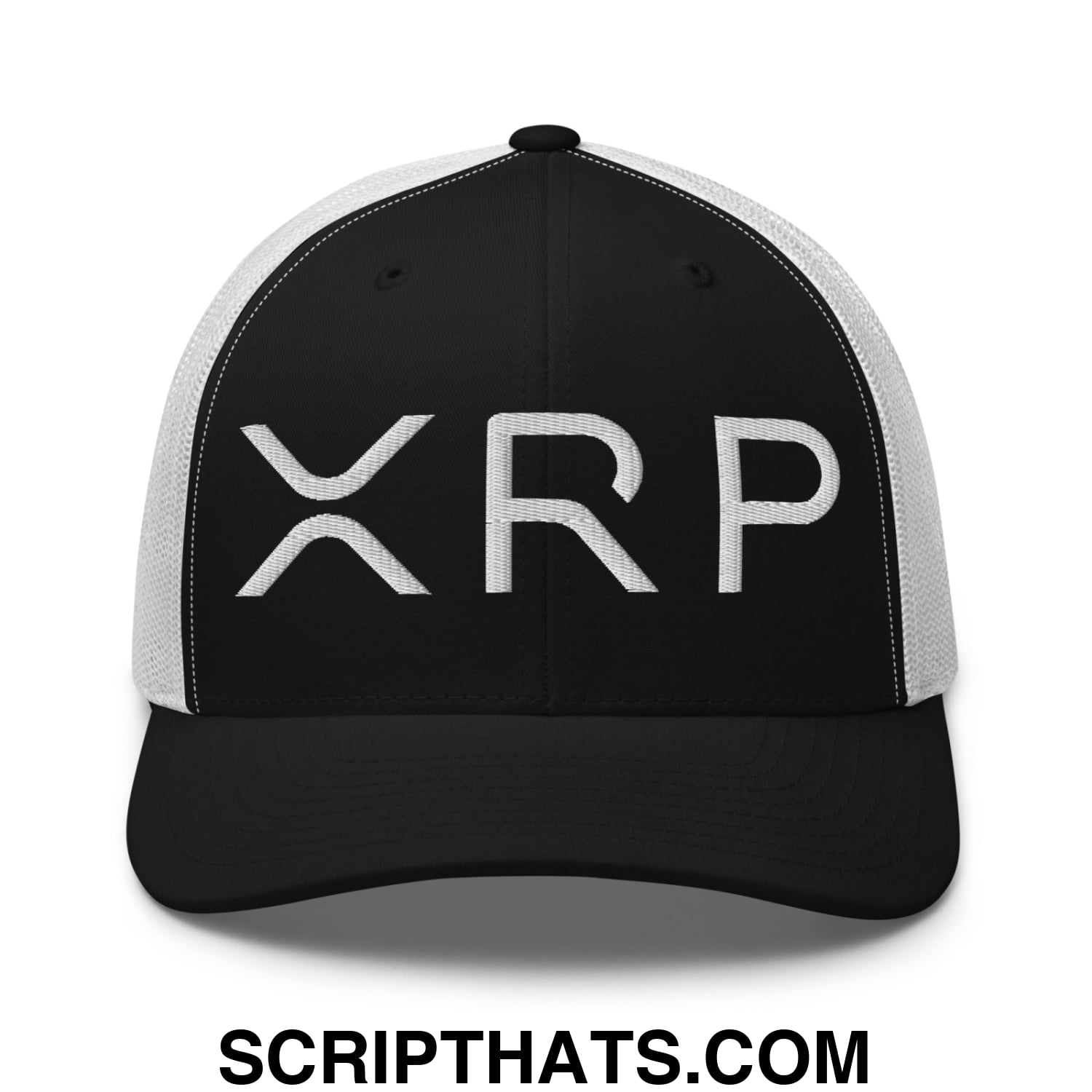 XRP Ripple Crypto Currency Embroidered Mesh Trucker Hat Black White