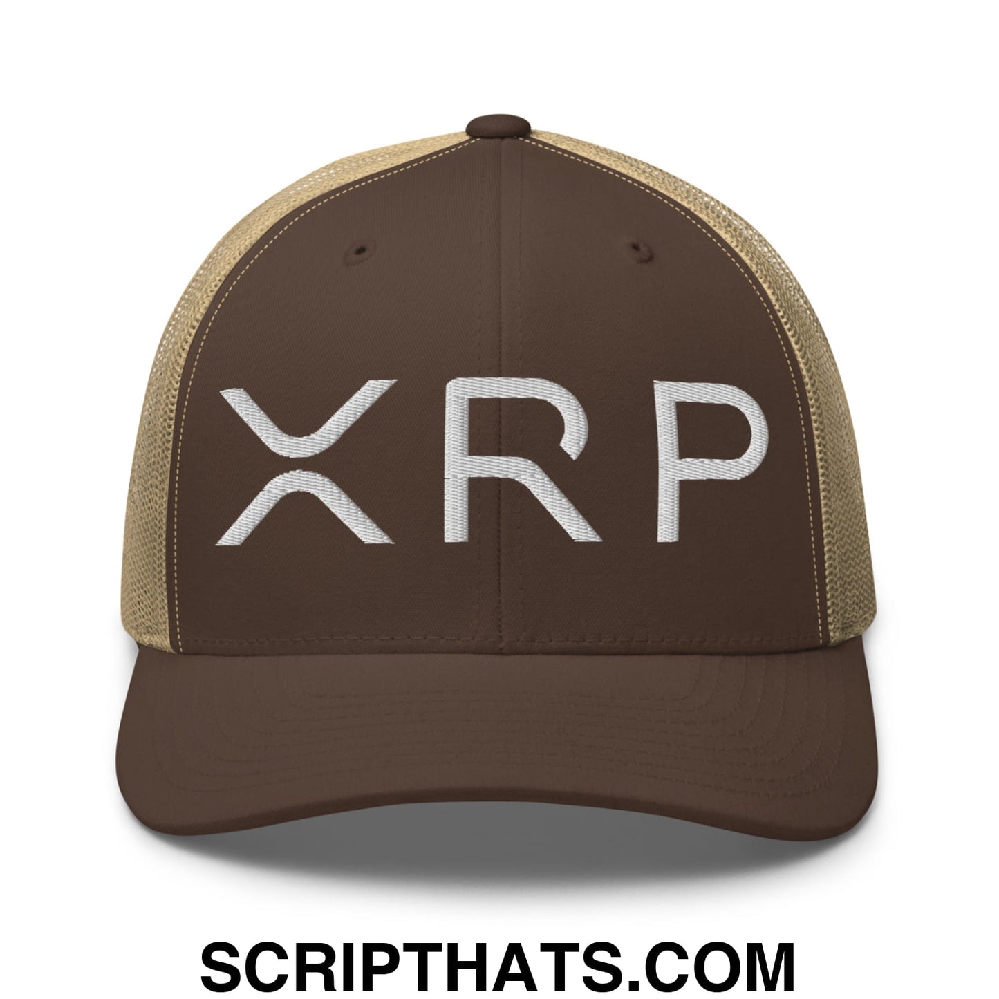 XRP Ripple Crypto Currency Embroidered Mesh Trucker Hat Brown Khaki
