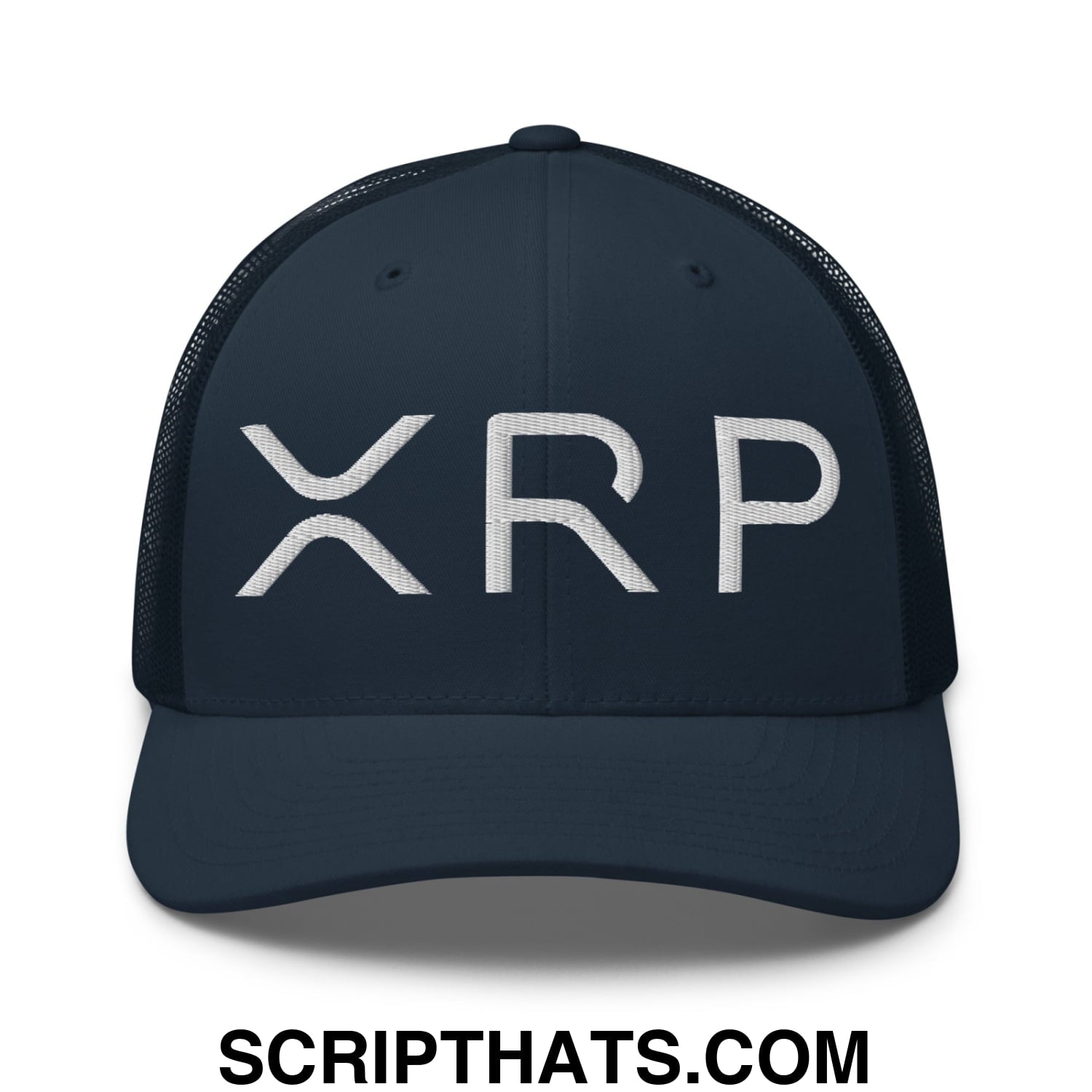 XRP Ripple Crypto Currency Embroidered Mesh Trucker Hat Navy