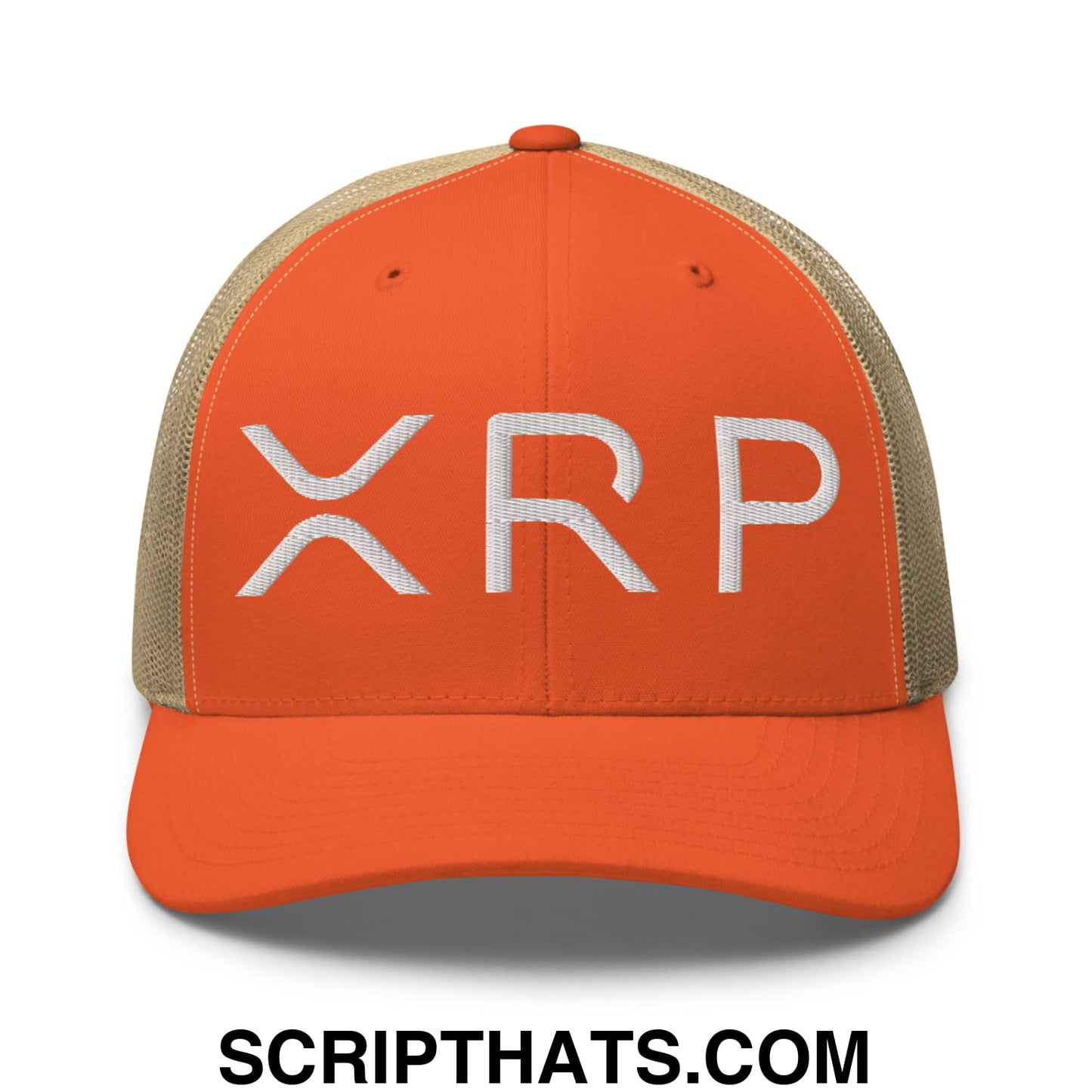 XRP Ripple Crypto Currency Embroidered Mesh Trucker Hat Rustic Orange Khaki
