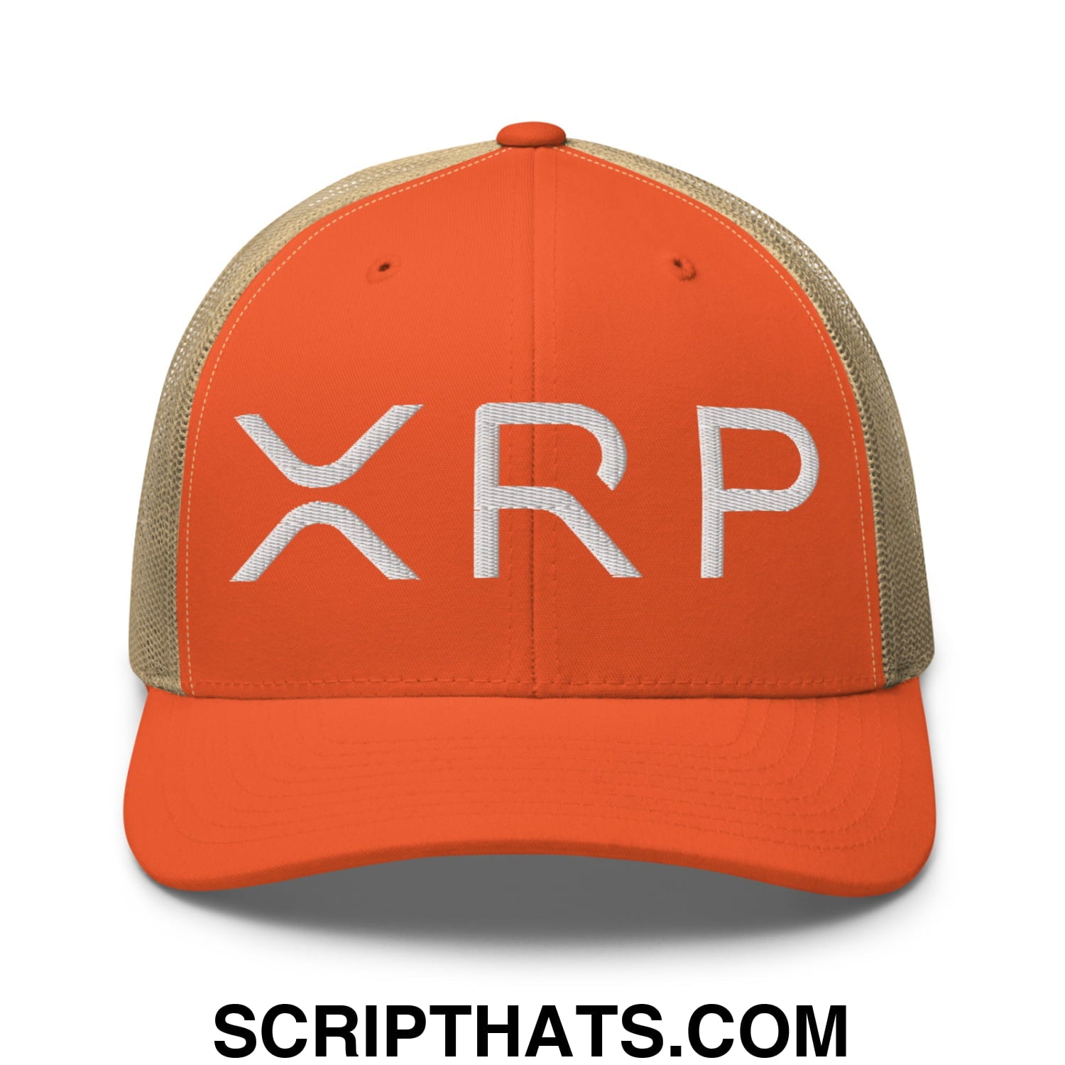 XRP Ripple Crypto Currency Embroidered Mesh Trucker Hat Rustic Orange Khaki