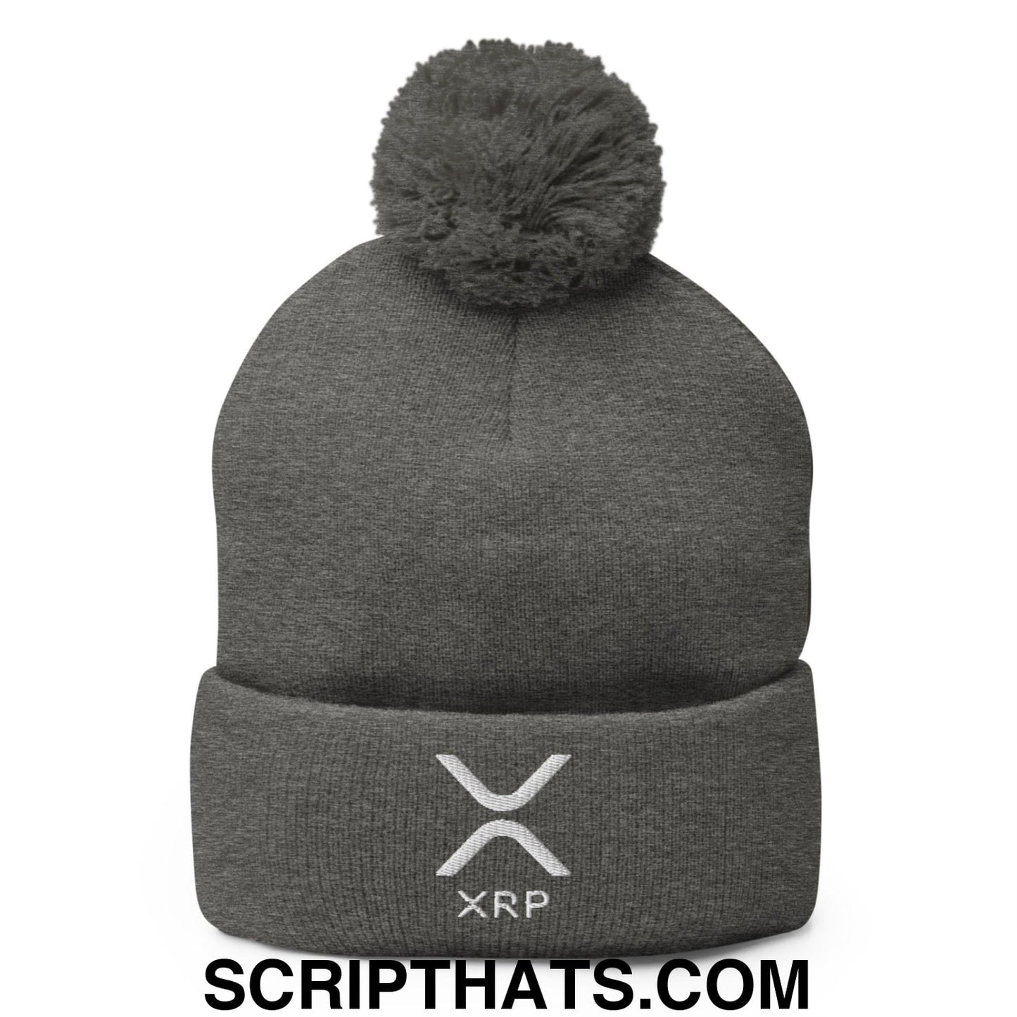XRP Ripple Embroidered Knit Pom Pom Beanie Dark Heather Grey