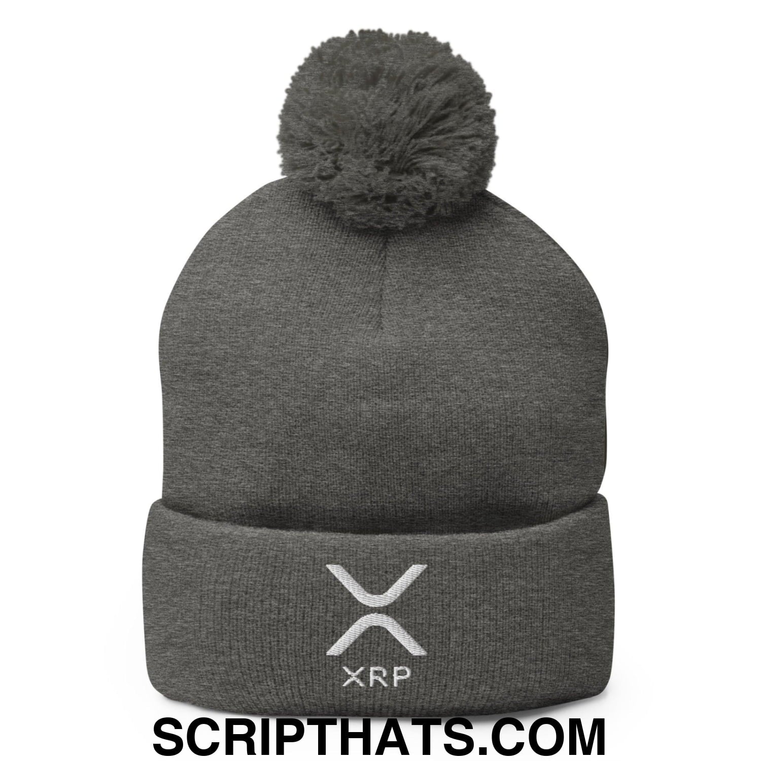 XRP Ripple Embroidered Knit Pom Pom Beanie Dark Heather Grey