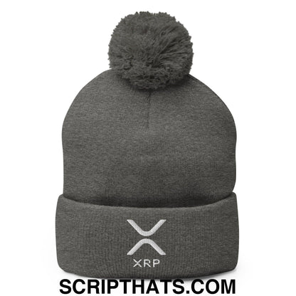 XRP Ripple Embroidered Knit Pom Pom Beanie Dark Heather Grey