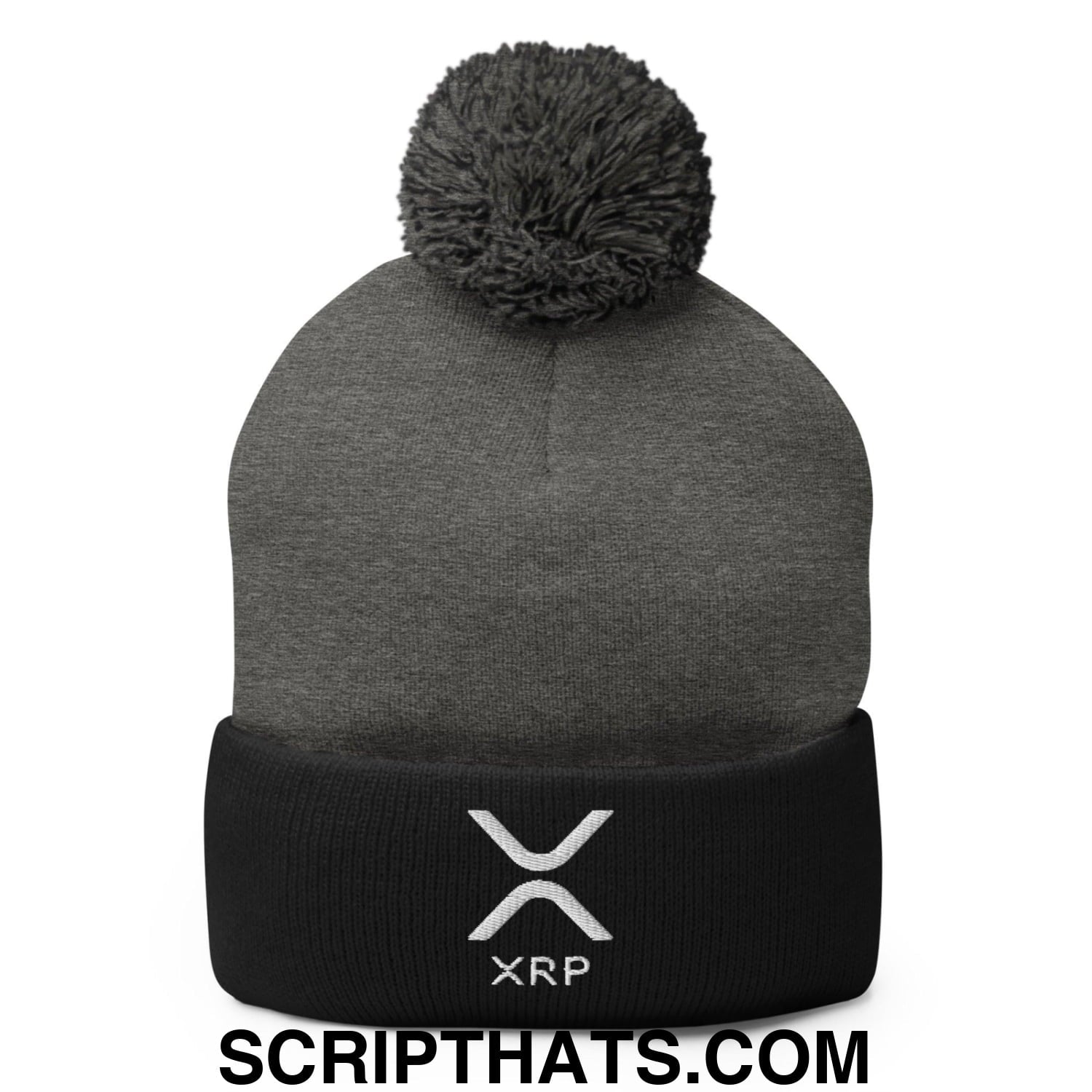 XRP Ripple Embroidered Knit Pom Pom Beanie Dark Heather Grey Black