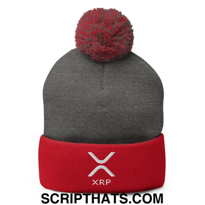XRP Ripple Embroidered Knit Pom Pom Beanie Dark Heather Grey Red
