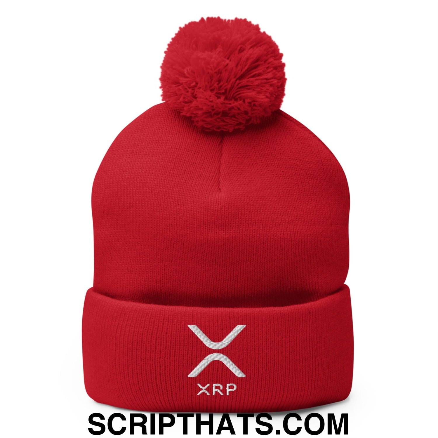 XRP Ripple Embroidered Knit Pom Pom Beanie Red