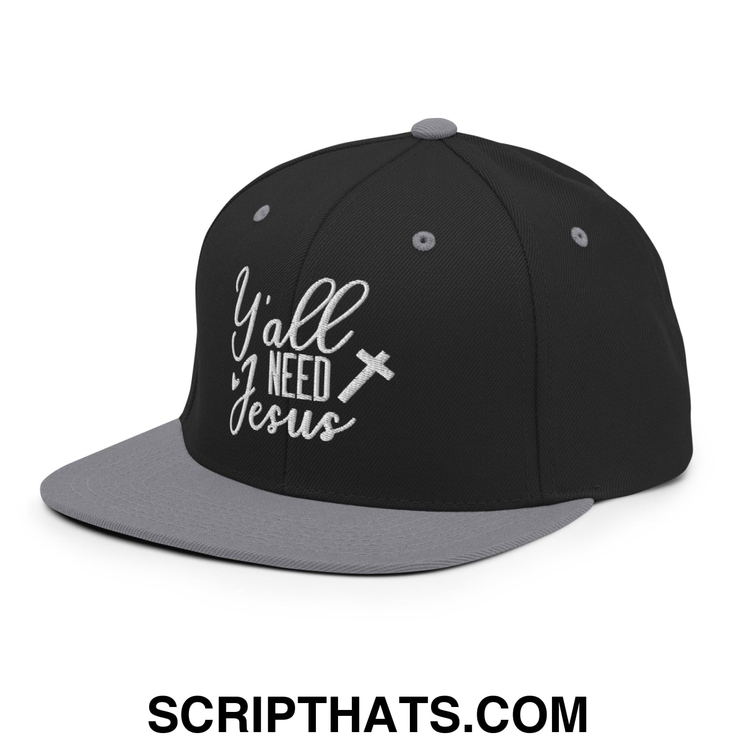 Y'all Need Jesus Embroidered Flat Bill Brim Snapback Hat Black Silver