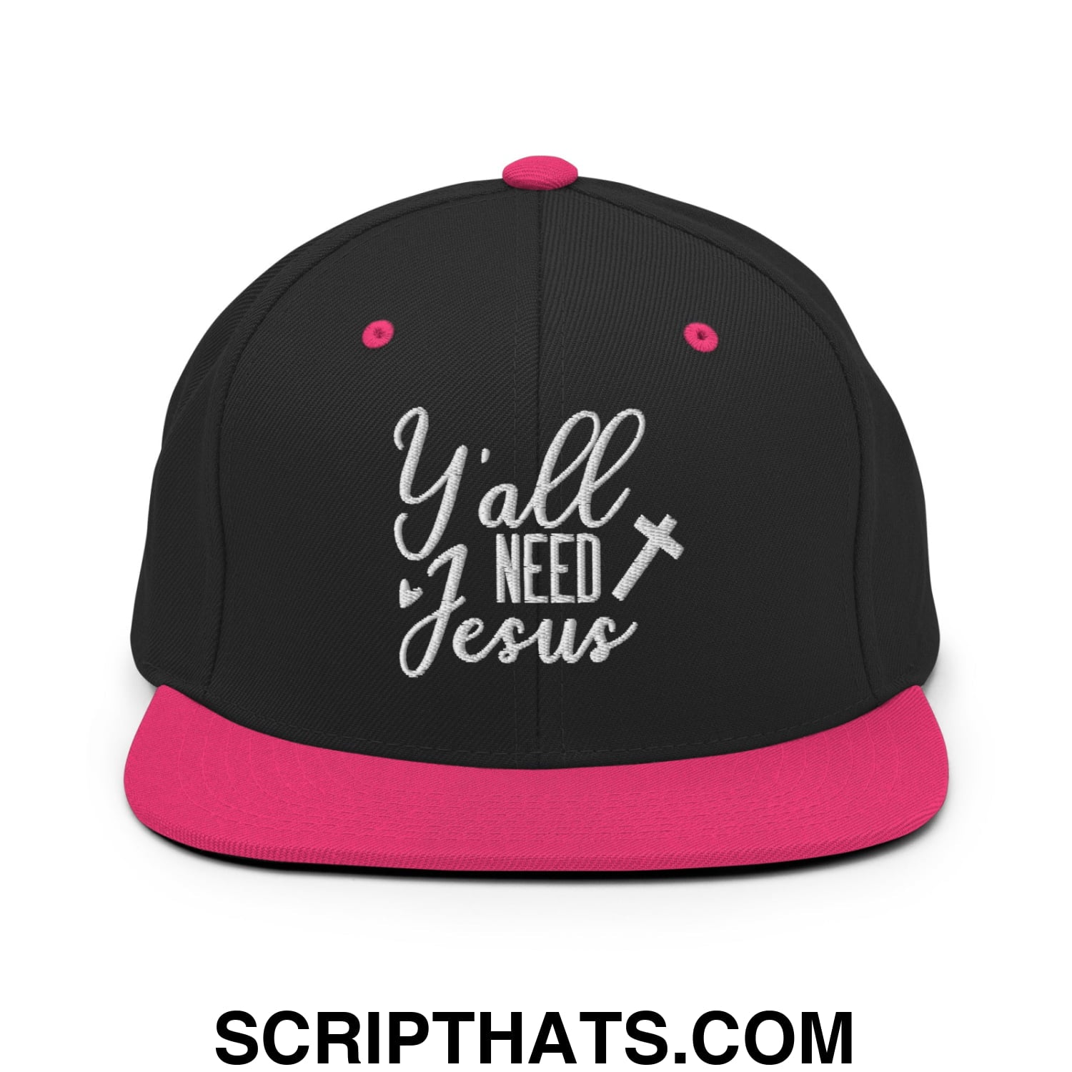 Y'all Need Jesus Embroidered Flat Bill Brim Snapback Hat Black Neon Pink