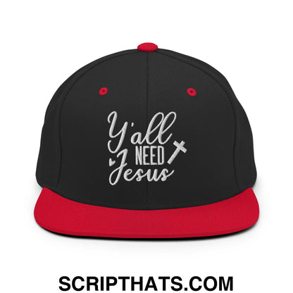 Y'all Need Jesus Embroidered Flat Bill Brim Snapback Hat Black Red