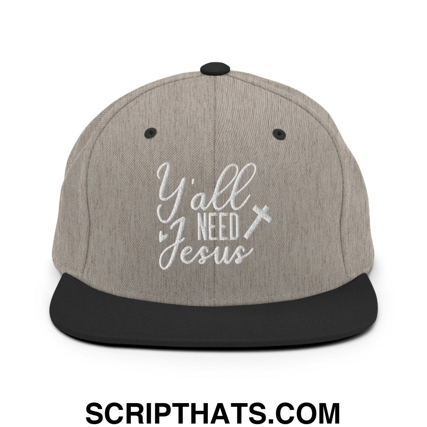 Y'all Need Jesus Embroidered Flat Bill Brim Snapback Hat Heather Black