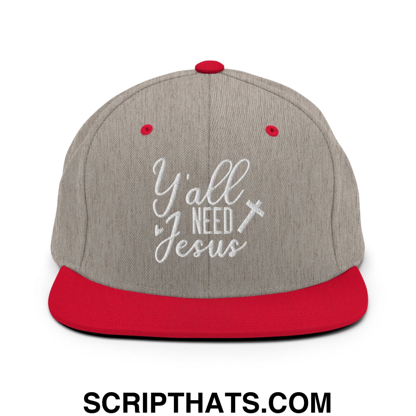 Y'all Need Jesus Embroidered Flat Bill Brim Snapback Hat Heather Grey Red