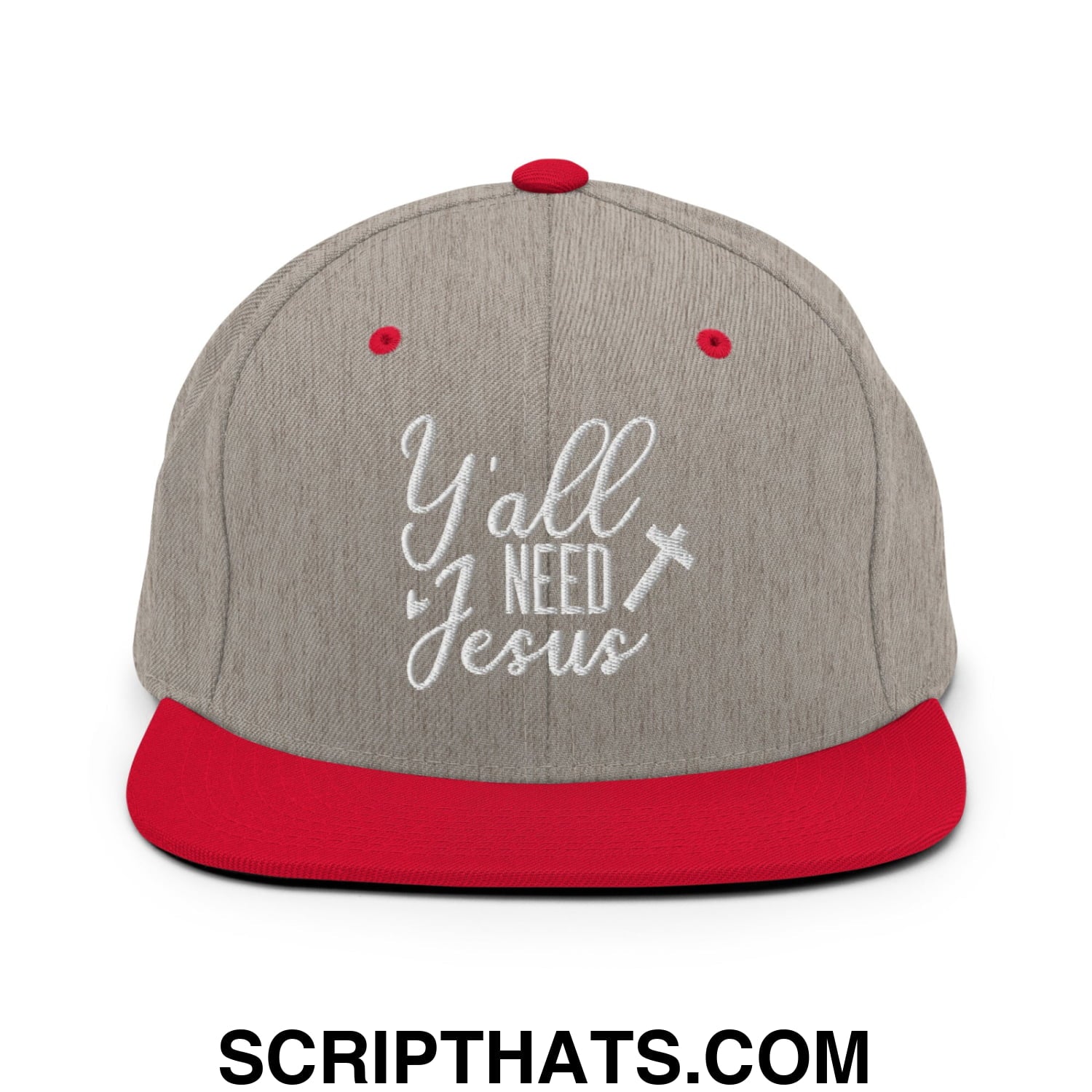 Y'all Need Jesus Embroidered Flat Bill Brim Snapback Hat Heather Grey Red