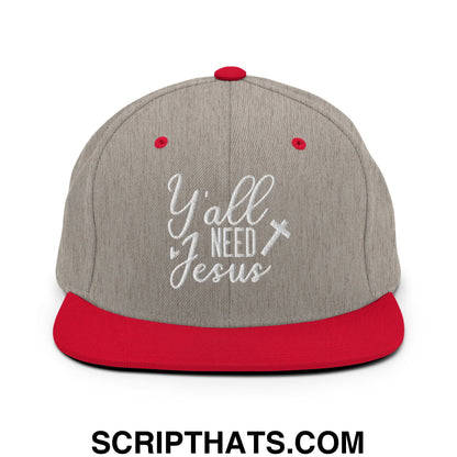 Y'all Need Jesus Embroidered Flat Bill Brim Snapback Hat Heather Grey Red