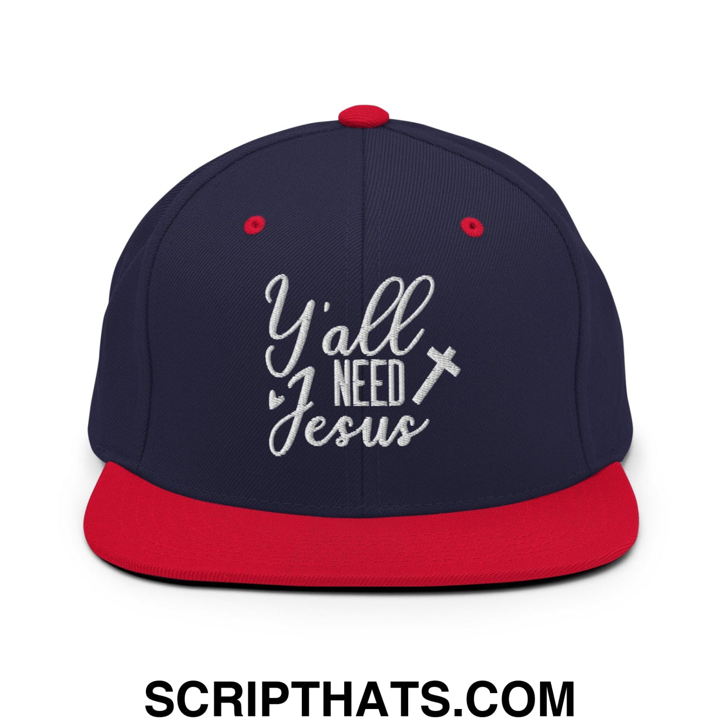 Y'all Need Jesus Embroidered Flat Bill Brim Snapback Hat Navy Red
