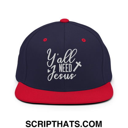 Y'all Need Jesus Embroidered Flat Bill Brim Snapback Hat Navy Red
