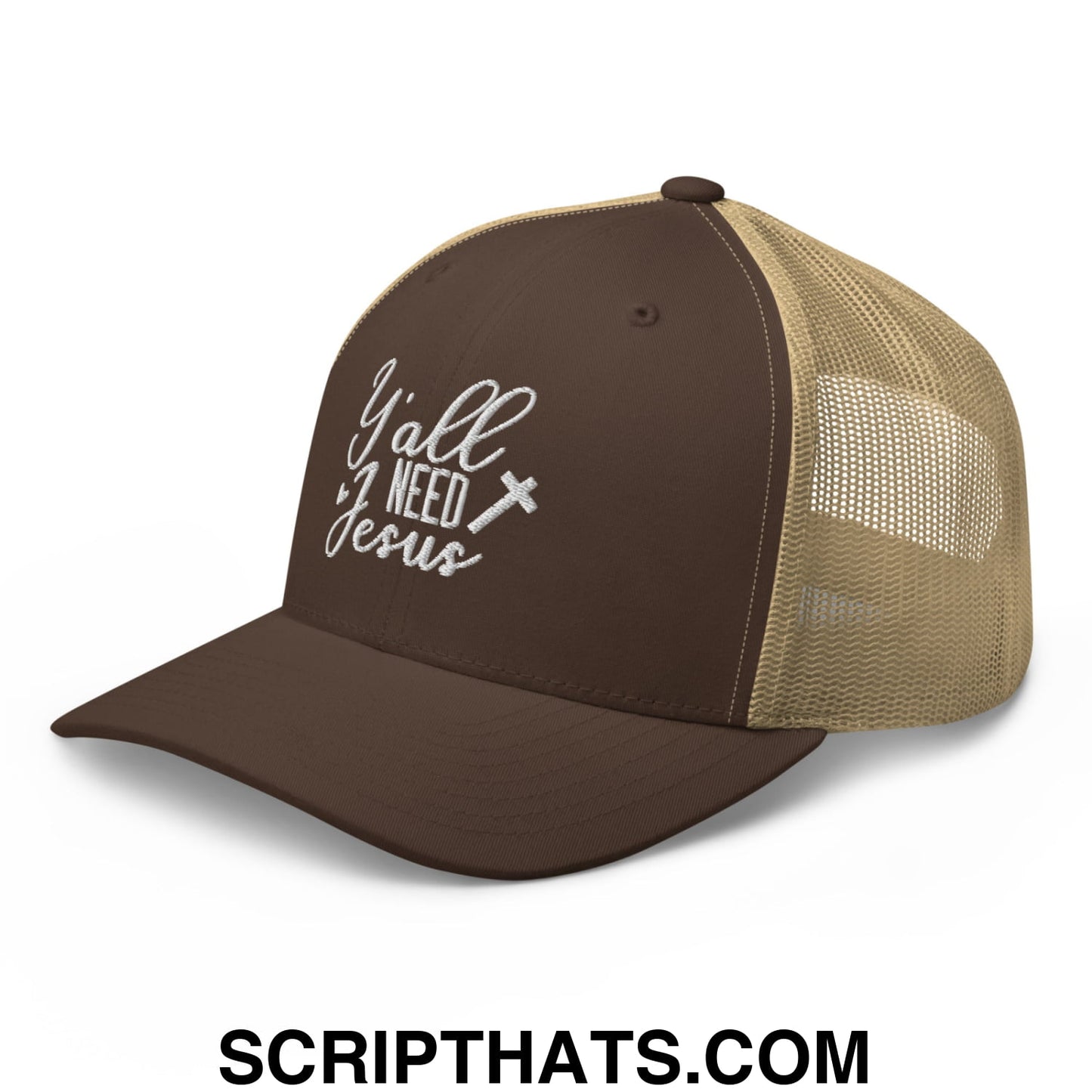 Y'all Need Jesus Jesus Embroidered Mesh Trucker Hat Brown Khaki
