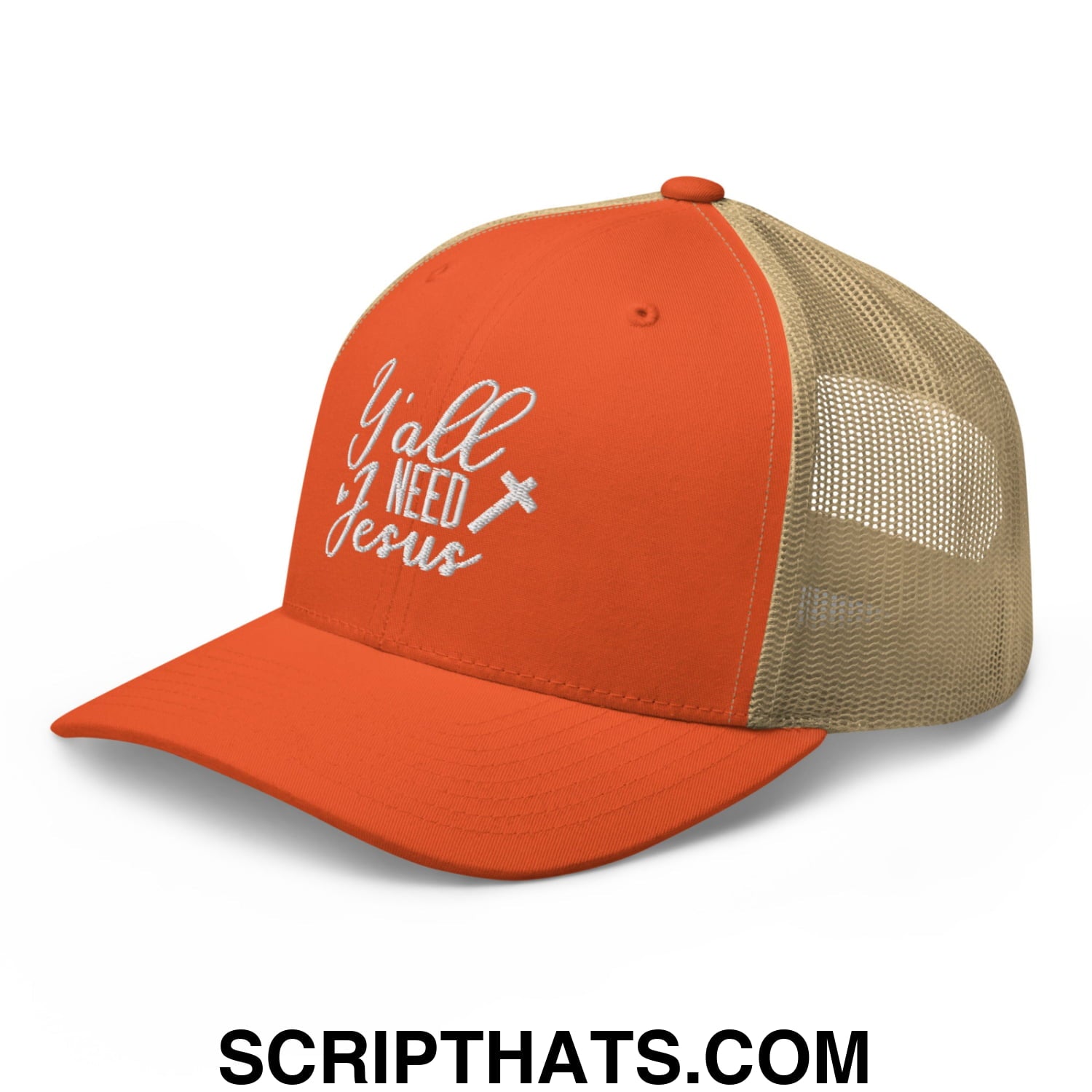 Y'all Need Jesus Jesus Embroidered Mesh Trucker Hat Rustic Orange Khaki