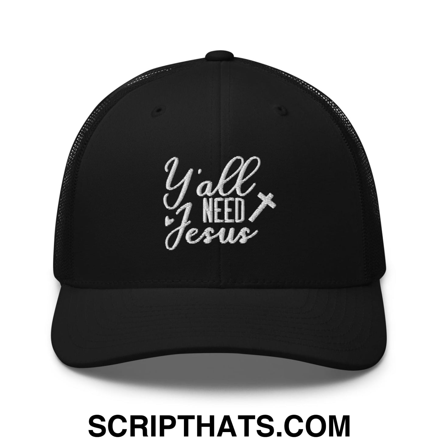 Y'all Need Jesus Jesus Embroidered Mesh Trucker Hat Black