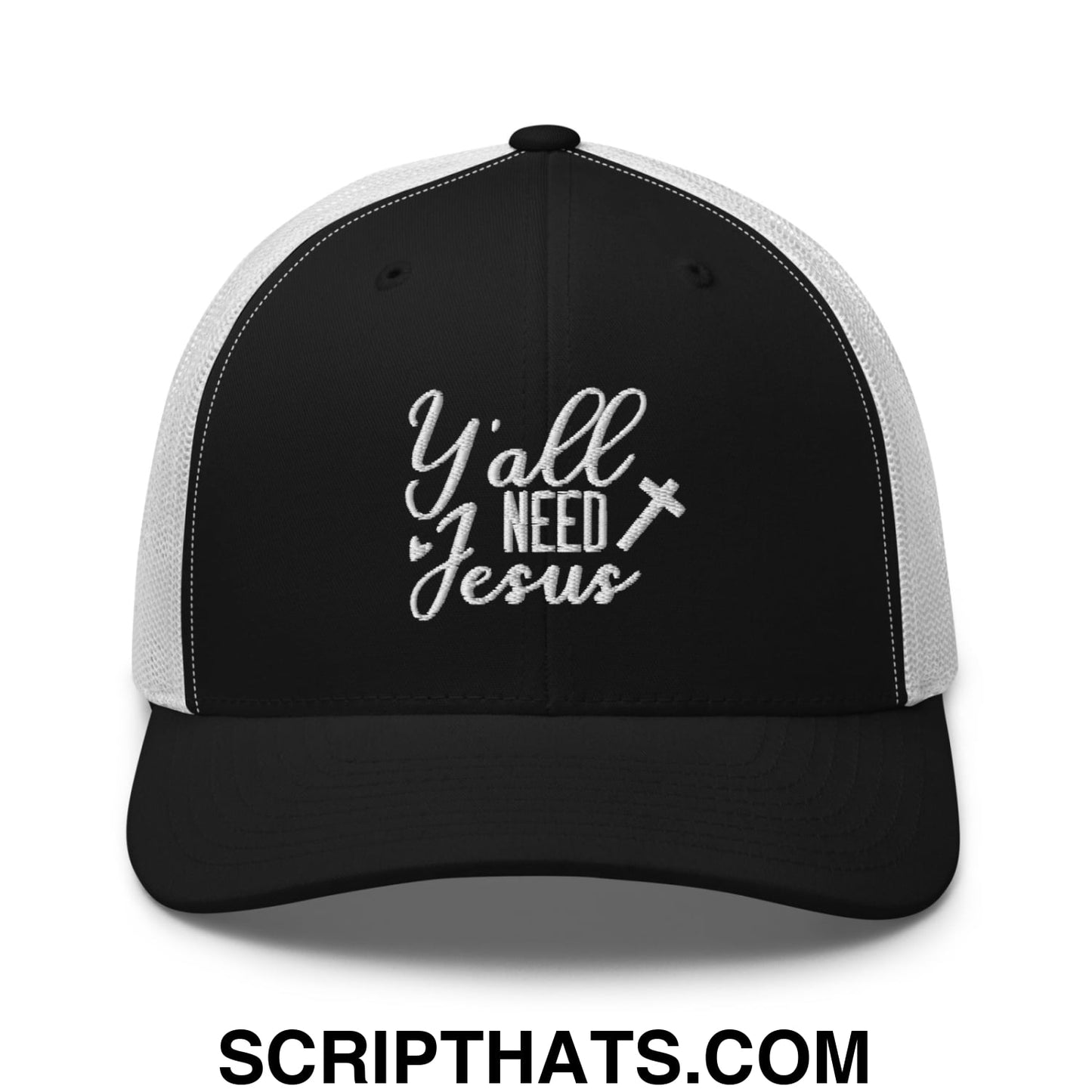 Y'all Need Jesus Jesus Embroidered Mesh Trucker Hat Black White