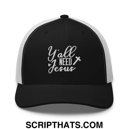 Y'all Need Jesus Jesus Embroidered Mesh Trucker Hat Black White
