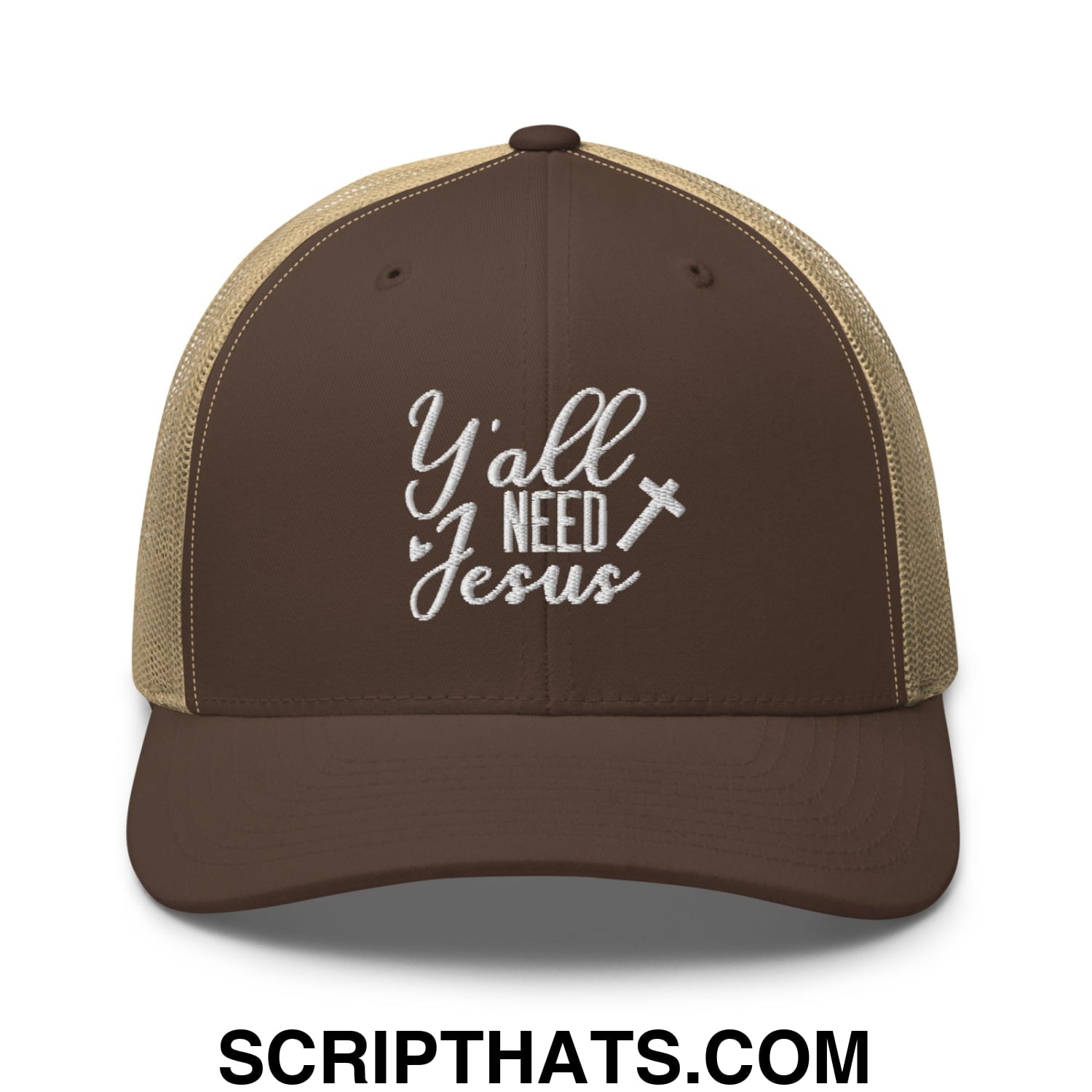 Y'all Need Jesus Jesus Embroidered Mesh Trucker Hat Brown Khaki