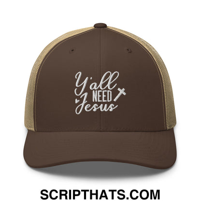 Y'all Need Jesus Jesus Embroidered Mesh Trucker Hat Brown Khaki