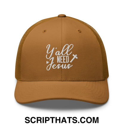 Y'all Need Jesus Jesus Embroidered Mesh Trucker Hat Caramel